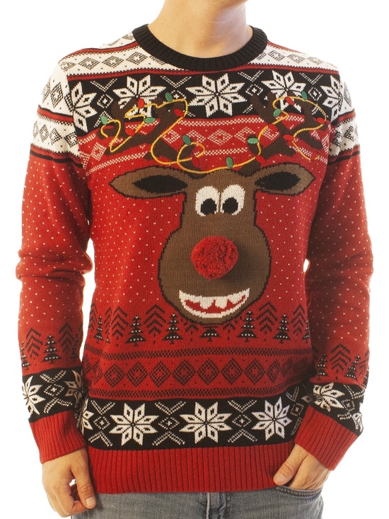 UGLY CHRISTMAS SWEATER Men's Red Fair Aisle Festive Knit Rudolph Pom Pom Nose - Picture 2 of 5